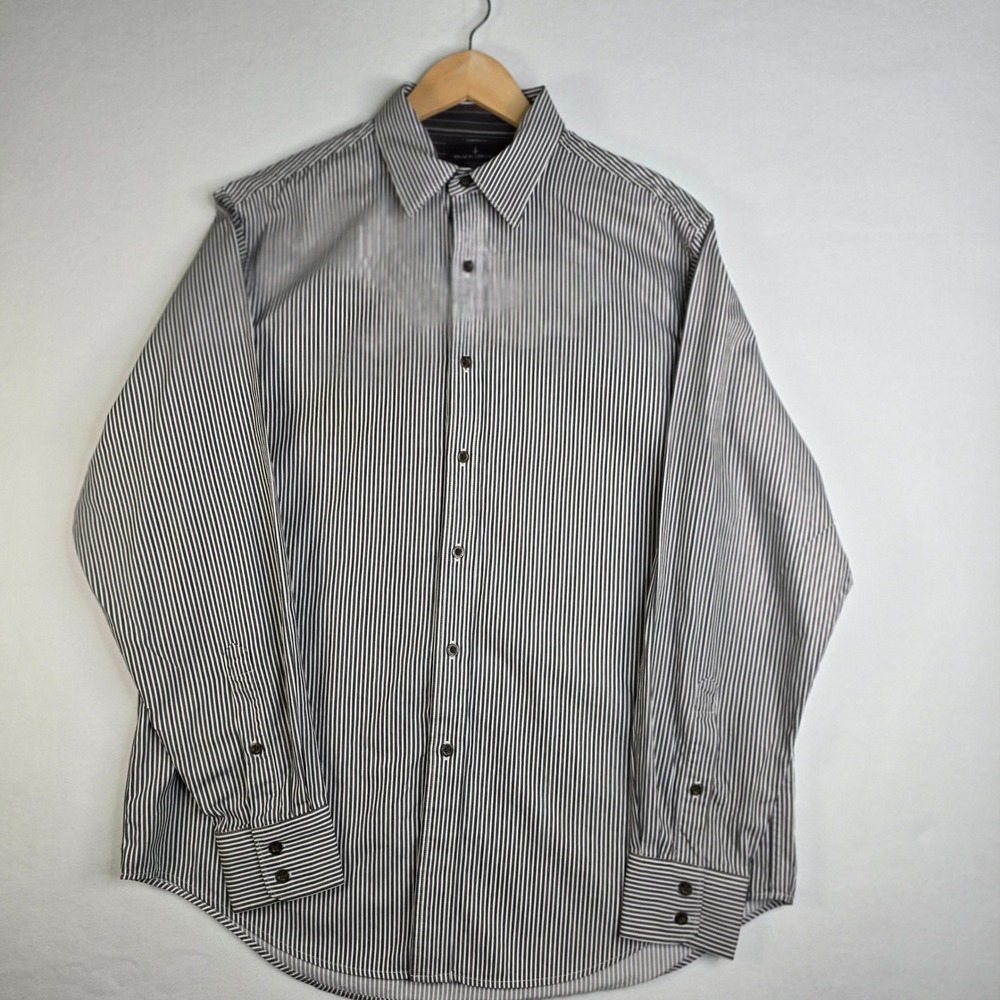 Black Brown Mens Long Sleeve Striped Button Down Shirt Black White Cotton XL